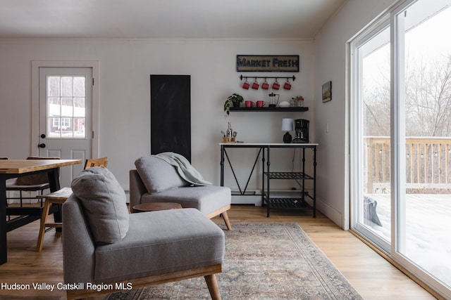 living room featuring a healthy amount of sunlight, crown molding, and light hardwood / wood-style floors