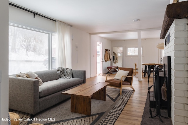 living room with wood-type flooring and a fireplace