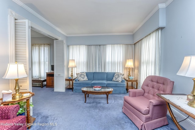 carpeted living room with crown molding and a healthy amount of sunlight