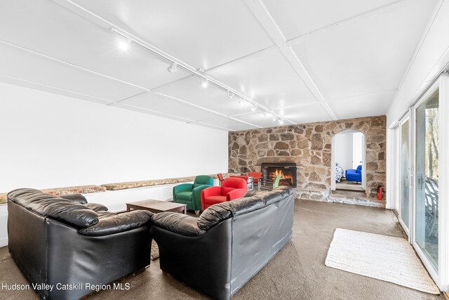 660-668 N Chodikee Lake Rd, Highland, NY 12528 - living area featuring track lighting, a fireplace, and carpet floors
