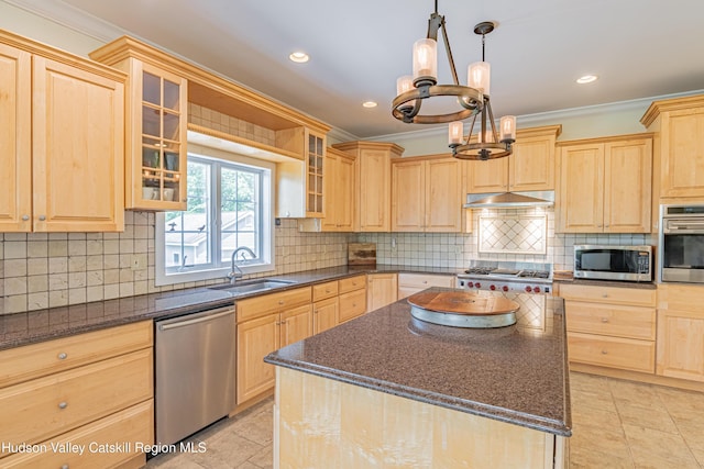 208 Paul Saxe Rd, Catskill, NY 12414 - kitchen with stainless steel appliances, light brown cabinetry, crown molding, a chandelier, and a center island