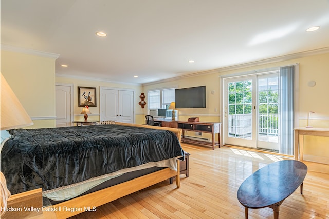 208 Paul Saxe Rd, Catskill, NY 12414 - bedroom with ornamental molding, access to outside, light wood finished floors, recessed lighting, and a closet
