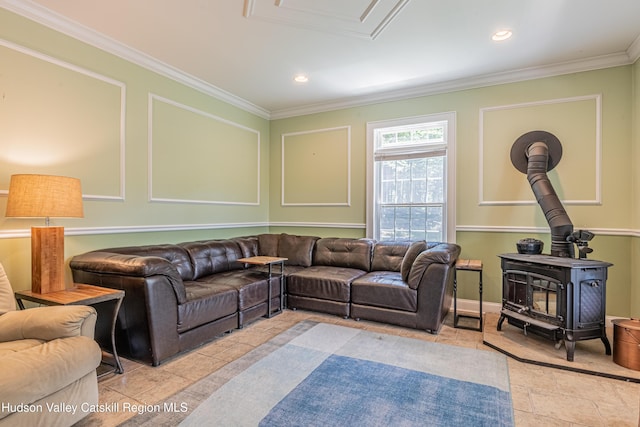 208 Paul Saxe Rd, Catskill, NY 12414 - living area featuring a wood stove, crown molding, and recessed lighting