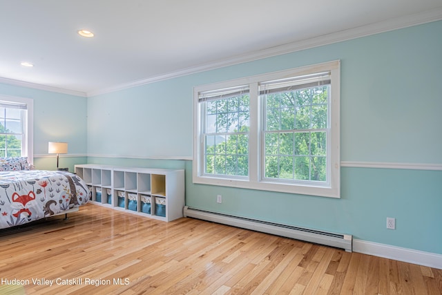 208 Paul Saxe Rd, Catskill, NY 12414 - bedroom featuring a baseboard radiator, ornamental molding, wood finished floors, and recessed lighting