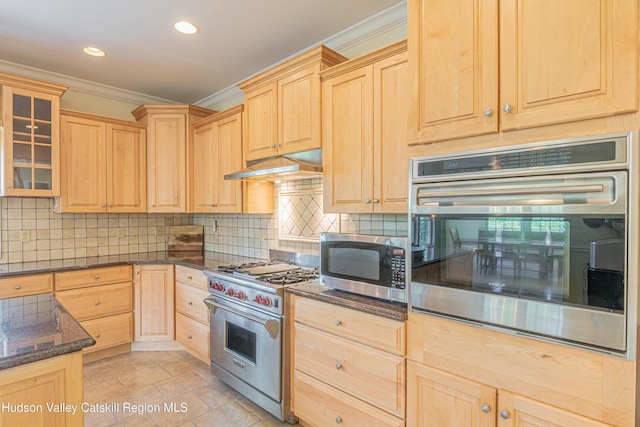 208 Paul Saxe Rd, Catskill, NY 12414 - kitchen with appliances with stainless steel finishes, light brown cabinets, crown molding, under cabinet range hood, and recessed lighting