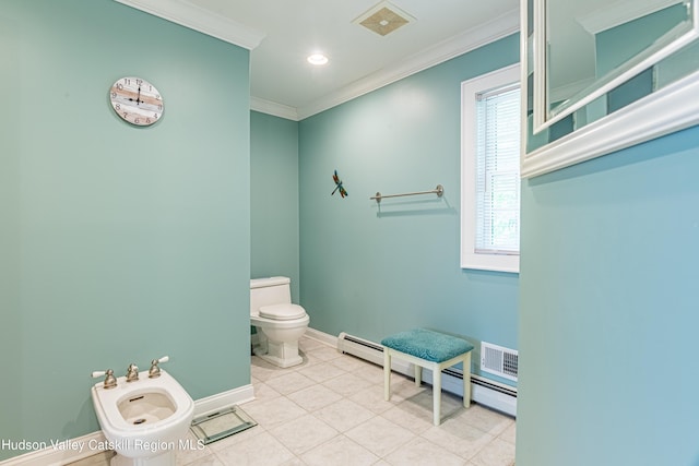 208 Paul Saxe Rd, Catskill, NY 12414 - bathroom featuring a bidet, ornamental molding, baseboard heating, tile patterned floors, and recessed lighting