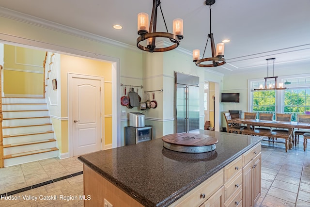 208 Paul Saxe Rd, Catskill, NY 12414 - kitchen with built in refrigerator, a chandelier, crown molding, recessed lighting, and dark stone counters