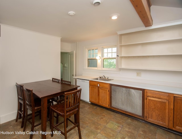38 Plattekill Ave, New Paltz, NY 12561 - kitchen featuring white dishwasher, brown cabinetry, light countertops, stone finish flooring, and open shelves