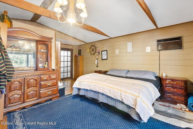 bedroom featuring wood walls, lofted ceiling with beams, carpet flooring, and an AC wall unit