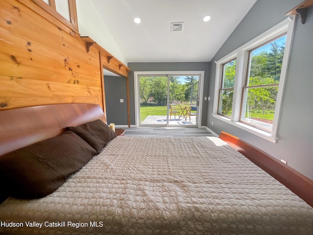 4947 Rte 32, Catskill, NY 12414 - bedroom featuring baseboards, access to exterior, vaulted ceiling, recessed lighting, and wood finished floors