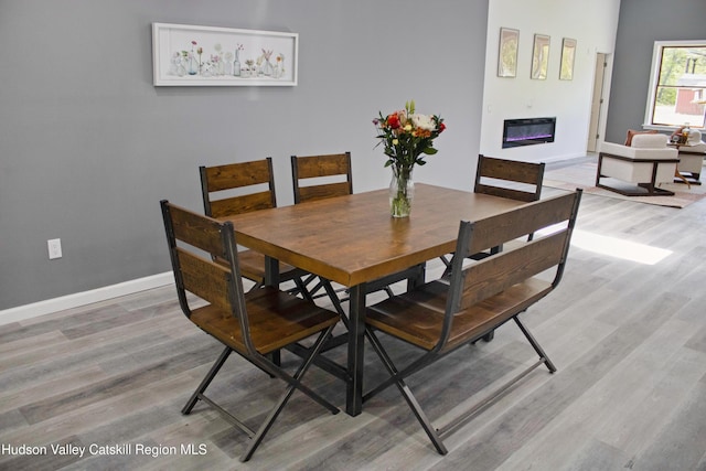 4947 Rte 32, Catskill, NY 12414 - dining space with light wood-style flooring, a glass covered fireplace, and baseboards
