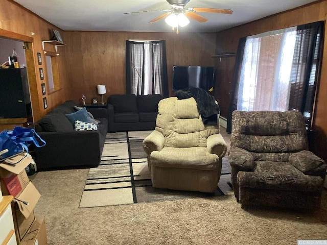 1644 Rte 9, Stuyvesant, NY 12173 - living area featuring wooden walls, carpet, and ceiling fan