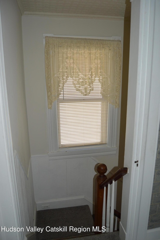 staircase featuring wainscoting