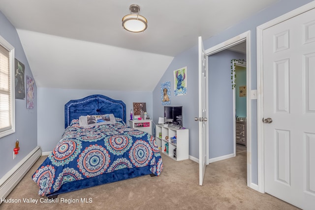 bedroom featuring light carpet, a baseboard radiator, baseboards, and vaulted ceiling