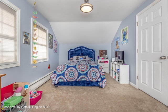 bedroom with light carpet, a baseboard heating unit, and vaulted ceiling