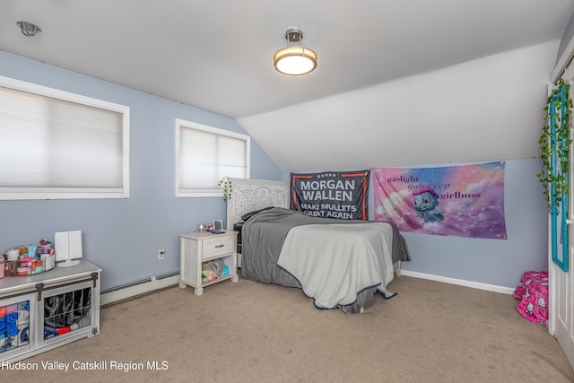 bedroom with a baseboard radiator, light colored carpet, vaulted ceiling, and baseboards