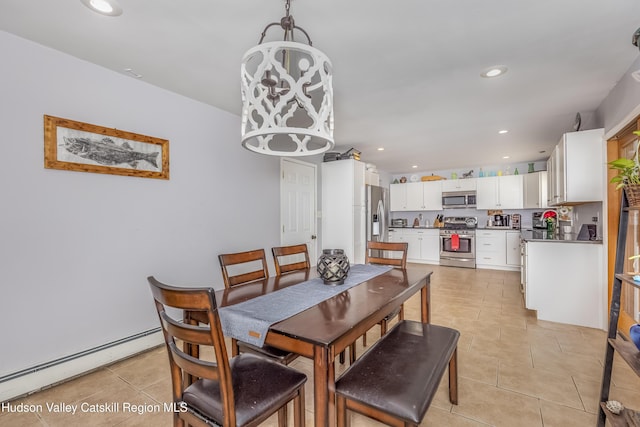 dining area featuring light tile patterned flooring, baseboard heating, and recessed lighting