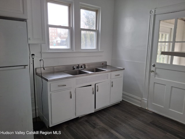 kitchen with white fridge, sink, white cabinets, and dark hardwood / wood-style floors