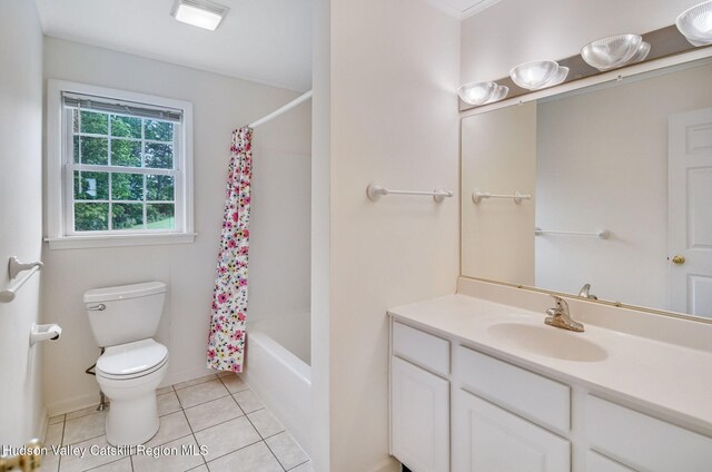 825 County Route 403, Greenville, NY 12083 - full bath with toilet, vanity, tile patterned floors, and shower / bath combo with shower curtain