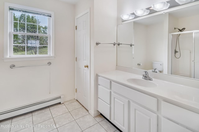 825 County Route 403, Greenville, NY 12083 - full bath with a baseboard heating unit, a shower stall, vanity, tile patterned floors, and toilet