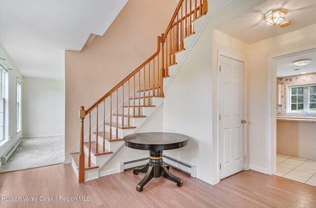 825 County Route 403, Greenville, NY 12083 - stairway with baseboard heating, wood finished floors, and baseboards