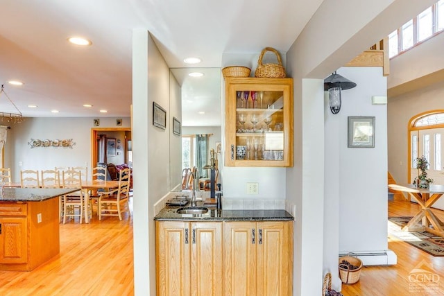 220 Botti Dr, Hunter, NY 12442 - indoor wet bar featuring light wood finished floors, a baseboard radiator, and recessed lighting