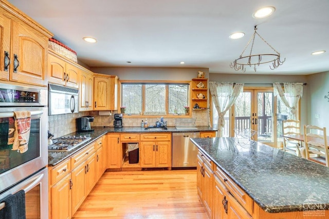 220 Botti Dr, Hunter, NY 12442 - kitchen featuring stainless steel appliances, plenty of natural light, light wood finished floors, french doors, and recessed lighting