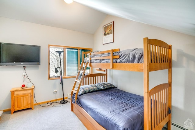 220 Botti Dr, Hunter, NY 12442 - bedroom with a baseboard heating unit, carpet floors, baseboards, and lofted ceiling