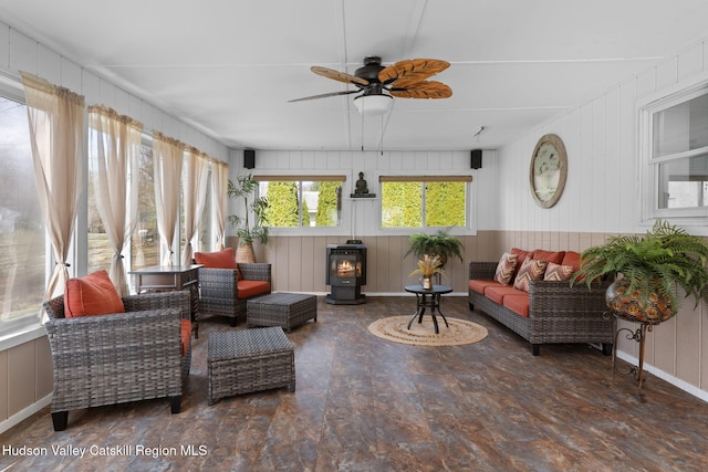 sunroom / solarium with a wood stove and wooden walls