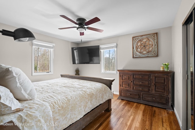 bedroom with wood finished floors, ceiling fan, baseboards, and multiple windows