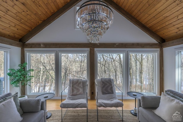 living area featuring wood finished floors, healthy amount of natural light, a chandelier, and wooden ceiling