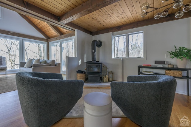 living room featuring wooden ceiling, a wood stove, and wood finished floors