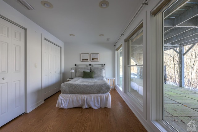 bedroom with multiple closets and wood finished floors