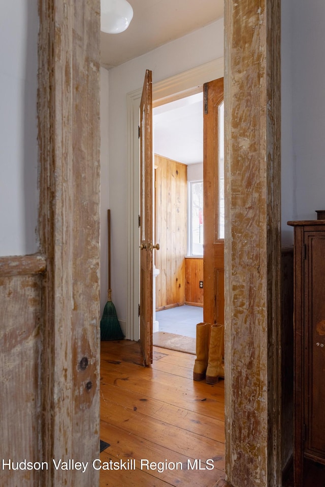 hallway with wood walls and light hardwood / wood-style floors