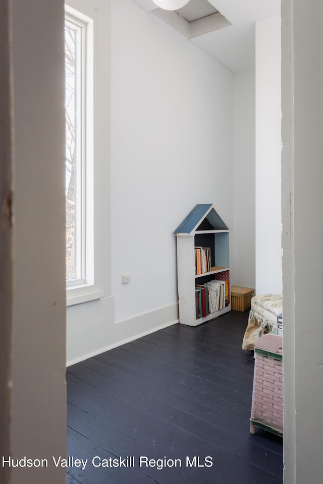 playroom with plenty of natural light and dark hardwood / wood-style flooring