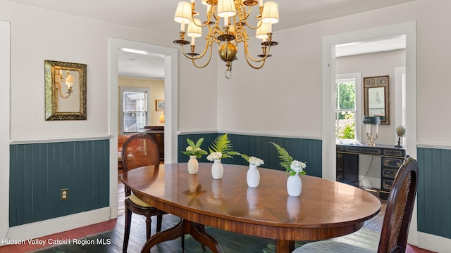 7 Paul Ave, Hudson, NY 12534 - dining room featuring wainscoting, a chandelier, wooden walls, and wood finished floors