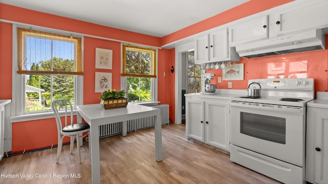 7 Paul Ave, Hudson, NY 12534 - kitchen with white electric range oven, under cabinet range hood, light countertops, white cabinets, and light wood finished floors