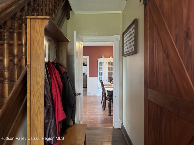 244 Jefferson Hts, Catskill, NY 12414 - hallway with crown molding, dark wood-type flooring, baseboards, a wainscoted wall, and a barn door