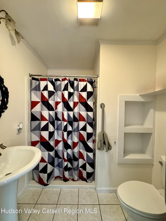 244 Jefferson Hts, Catskill, NY 12414 - full bath featuring ornamental molding, toilet, a shower with shower curtain, and tile patterned flooring
