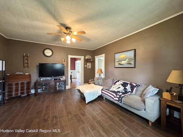 244 Jefferson Hts, Catskill, NY 12414 - living area with crown molding, dark wood-style flooring, a ceiling fan, and baseboards