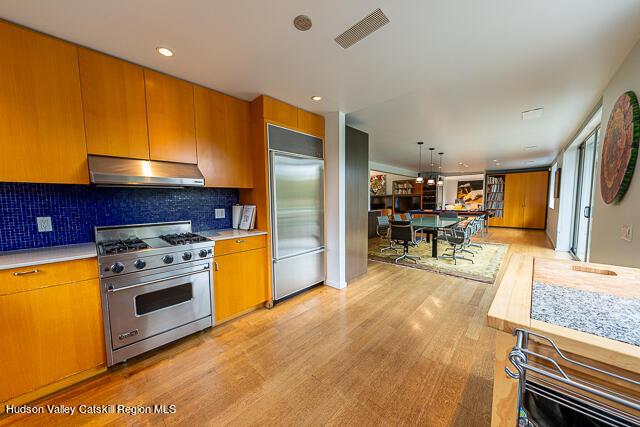 56 Winkelstern Ln, Kenoza Lake, NY 12750 - kitchen featuring high quality appliances, under cabinet range hood, light countertops, light wood-type flooring, and tasteful backsplash
