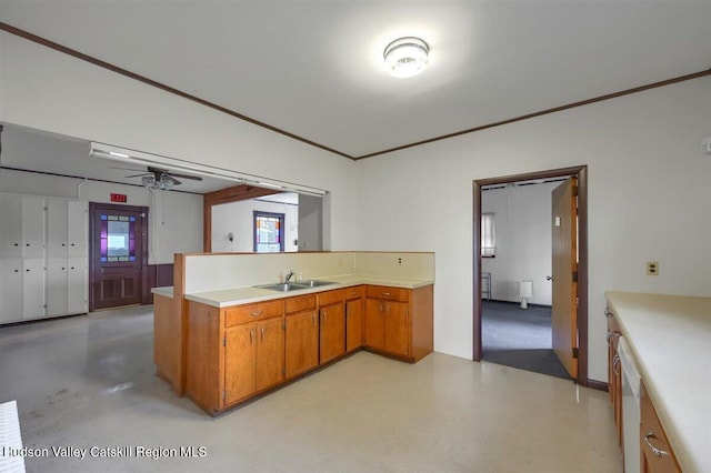 996 Dominican Ln, Saugerties, NY 12477 - kitchen with a peninsula, light countertops, concrete flooring, brown cabinets, and ceiling fan