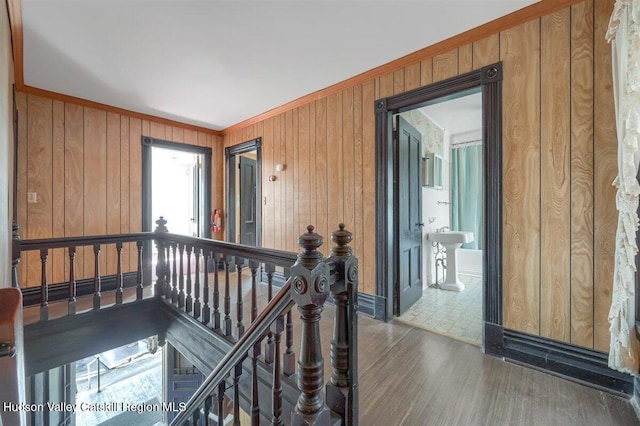 996 Dominican Ln, Saugerties, NY 12477 - corridor featuring an upstairs landing, wood finished floors, ornamental molding, and wooden walls