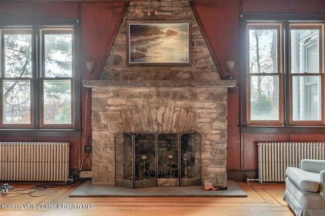 996 Dominican Ln, Saugerties, NY 12477 - living room featuring radiator, a fireplace, wood finished floors, and healthy amount of natural light