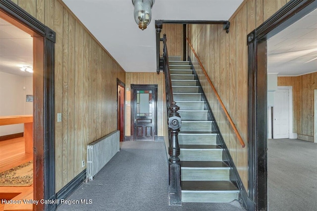 996 Dominican Ln, Saugerties, NY 12477 - staircase with wooden walls, carpet floors, and radiator heating unit