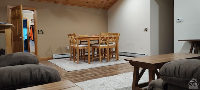 454 Niles Rd, Medusa, NY 12120 - dining area with wood finished floors, baseboard heating, and wooden ceiling