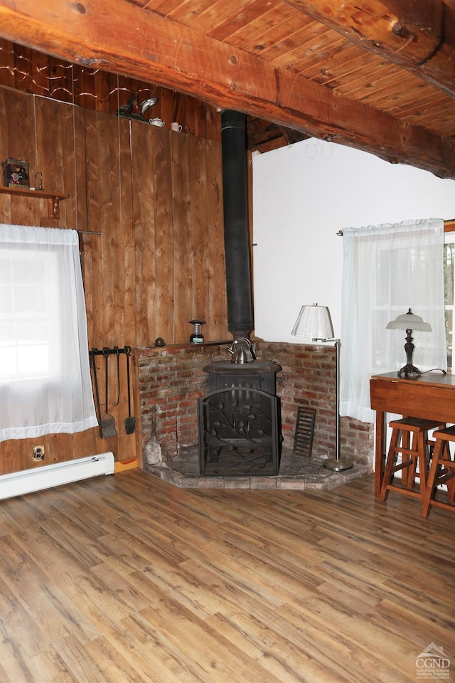 454 Niles Rd, Medusa, NY 12120 - living area with wooden ceiling, a baseboard heating unit, wood finished floors, wood walls, and a wood stove