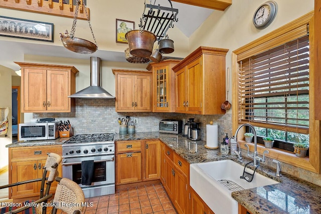 kitchen featuring backsplash, stainless steel appliances, sink, and wall chimney exhaust hood