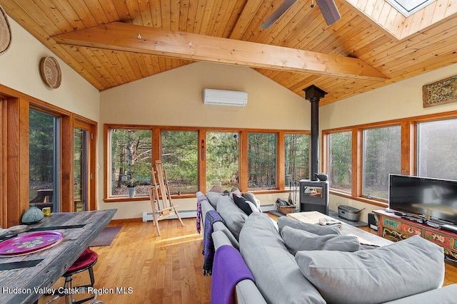 living room featuring a wall mounted air conditioner, a skylight, beamed ceiling, a wood stove, and wooden ceiling