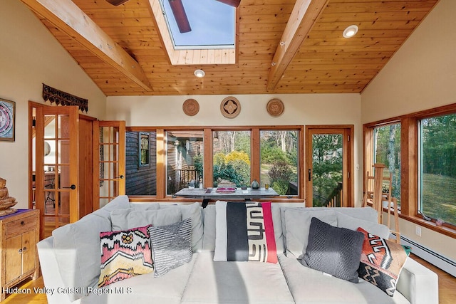 interior space featuring beam ceiling, a skylight, wood ceiling, and a baseboard radiator